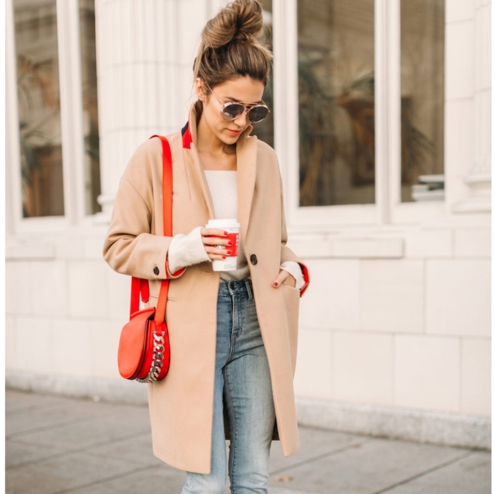 Topshop camel coat with red accents